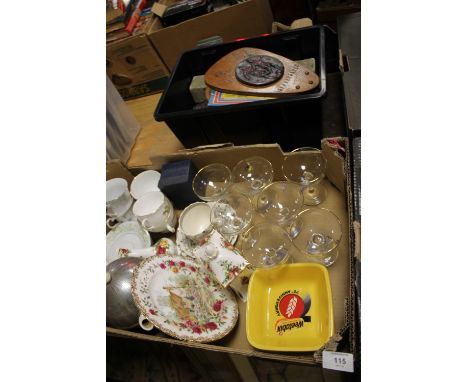 A TRAY OF CERAMICS AND GLASS TO INCLUDE ROYAL ALBERT OLD COUNTRY ROSES, BABYCHAM GLASSES DECO TEAPOT ETC TOGETHER WITH A BOX 