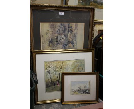 A SMALL FRAMED AND GLAZE WATERCOLOUR DEPICTING A HARBOUR SCENE TOGETHER WITH A HELEN BRADLEY PRINT AND A SOUTH AFRICAN PRINT 