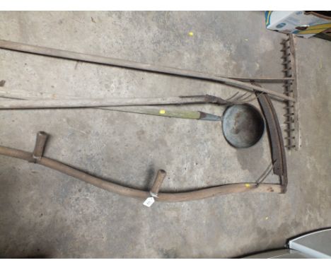 VINTAGE TOOLS TO INCLUDE A SCYTHE, RAKE ETC