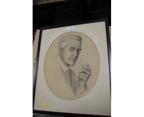 A FRAMED AND GLAZED ANTIQUE PENCIL PORTRAIT OF A GENTLEMAN SMOKING A PIPE 