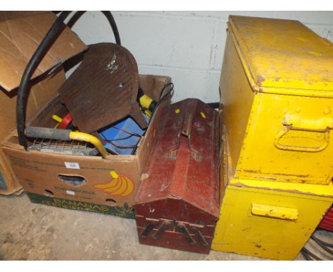A BOX OF ELECTRICALS ETC TOGETHER WITH A TOOLBOX WITH CONTENTS PLUS TWO OTHER TOOL BOXES