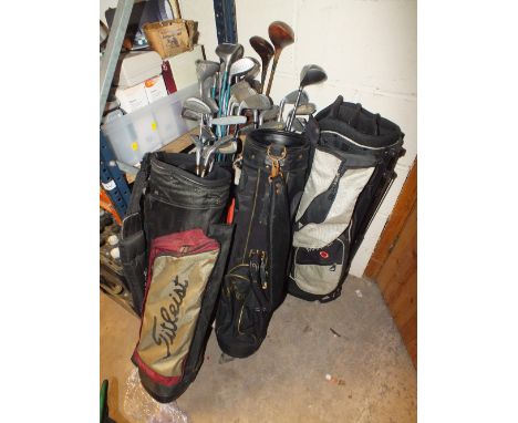 A QUANTITY OF GOLF CADDY BAGS PLUS CLUBS