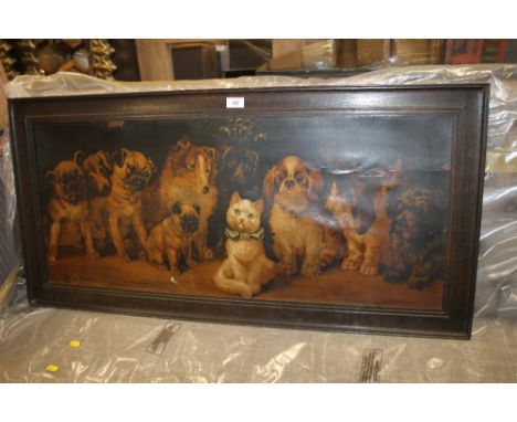 AN OAK FRAMED 'LOUIS WAIN' CATS AND DOGS PRINT