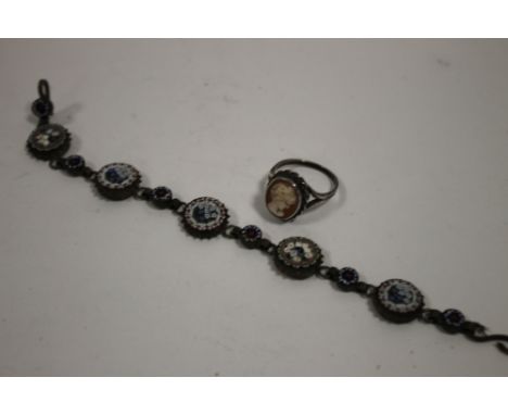 AN ANTIQUE MICRO MOSAIC BRACELET TOGETHER WITH A SILVER CAMEO RING 