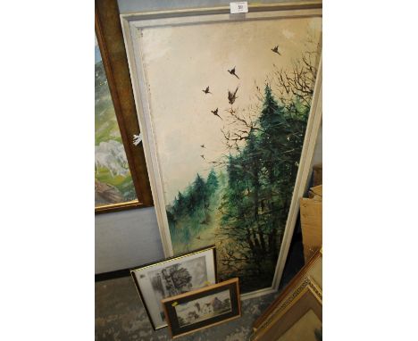 A LARGE OIL ON BOARD DEPICTING BIRDS SIGNED KILNER TOGETHER WITH A WATERCOLOUR OF A COTTAGE AND A LIMITED EDITION PRINT (3) 