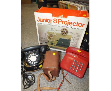 A BOXED JUNIOR 8 PROJECTOR, TWO VINTAGE TELEPHONES PLUS A VINTAGE CAMERA