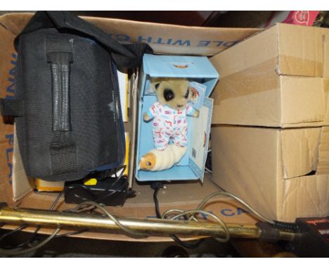 A BOX OF ELECTRICALS ETC. TO INCLUDE A METAL DETECTOR, CANNON CAMERA, MEERKAT DOLLS ETC. 