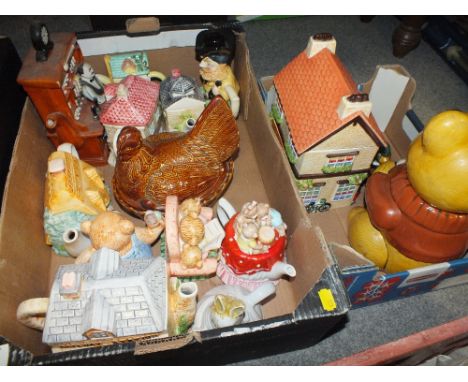 TWO BOXES OF NOVELTY CERAMIC TEAPOTS ETC. 