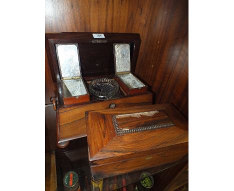 AN ANTIQUE ROSEWOOD TEA CADDY WITH CONTENTS TOGETHER WITH ANOTHER A/F