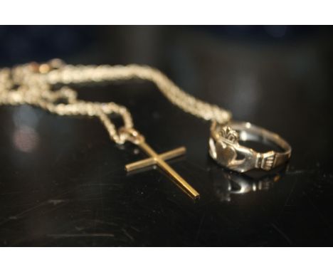 A HALLMARKED 9CT GOLD DRESS RING TOGETHER WITH A 9CT GOLD CROSS PENDANT ON CHAIN