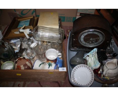 TWO BOXES OF ASSORTED CERAMICS AND GLASSWARE ETC TOGETHER WITH AN OAK MANTEL CLOCK