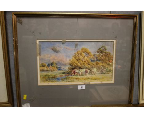 A FRAMED AND GLAZED WATERCOLOUR OF CATTLE WATERING SIGNED R GALLON 