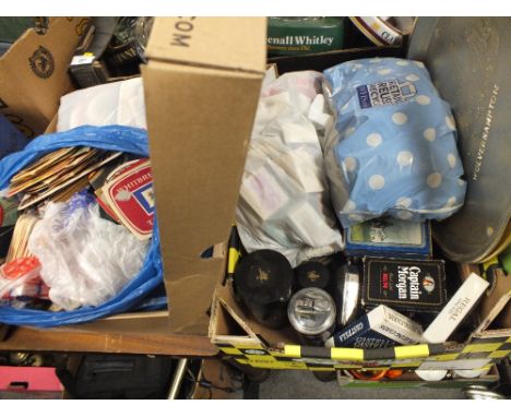 TWO BOXES OF PUB RELATED COLLECTABLES TO INCLUDE BEER MATS, MATCH BOOKS, PLAYING CARDS ETC