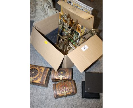 A BOX OF COLLECTABLES TO INCLUDE STAMPS, WOLVES PROGRAMMES, BRASS EASELS ETC