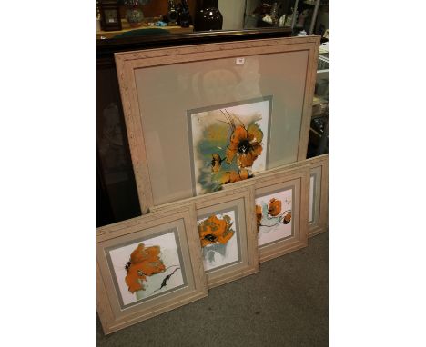 A LARGE MODERN FLORAL PRINT TOGETHER WITH FOUR SMALLER MATCHING EXAMPLES (5) 