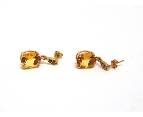 A PAIR OF FIRE OPAL AND TINTED DIAMOND 9 CARAT GOLD DROP EARRINGS  13g gross.