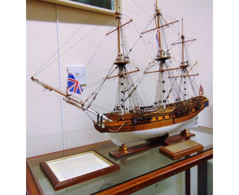 A MODEL OF THE ROYAL NAVY 6TH RATE 24-GUN FRIGATE 'H.M.S. UNICORN'  of wooden construction, with a plank-effect deck, deck fi