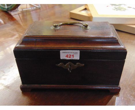 A 19TH CENTURY MAHOGANY CADDY  with brass carrying handle, 23cm wide 14cm deep 15cm high