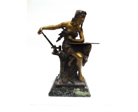EDOUARD DROUOR (FRENCH 1859-1945):  a bronze figure of a classically dressed female draftswoman, seated with plans of a locom
