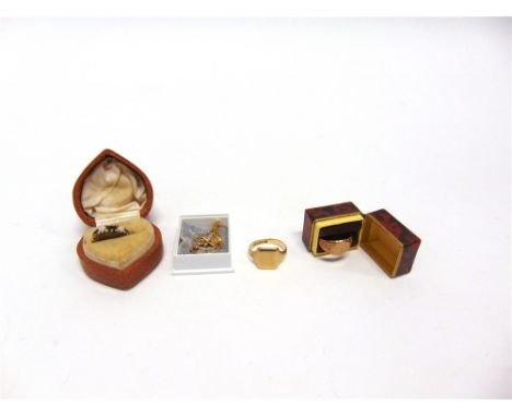 A 9 CARAT GOLD SIGNET RING with another; an opal and sapphire ring; and three pairs of earrings; 15.5g gross