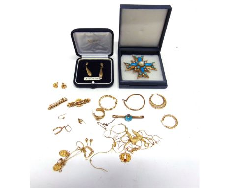 A BAR BROOCH WITH AN ENAMEL SHELL  centred with a seed pearl; two other broaches; two cased pairs of earrings; some damaged i