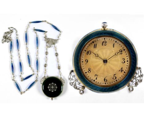 A BELLE EPOQUE DIAMOND AND ENAMEL PENDANT WATCH ON A CHAIN case stamped '18K' and 'Wittnauer & Co', with control mark; the gi