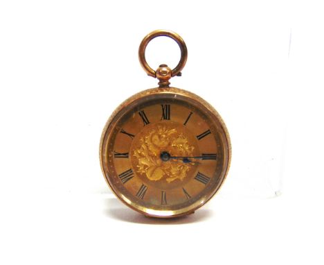 A FOB WATCH stamped '18k', with gilt metal curvette, housing a key wound bar movement with cylinder escapement, 3.6cm diamete