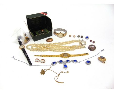 A LADYS 9 CARAT GOLD REGENCY WATCH on a strap; four pairs of ear studs; and other jewellery and watches 