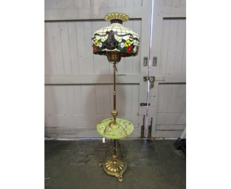 A late Victorian standard oil lamp with faux onyx table and Tiffany style shade (converted to electricity) 170cm tall