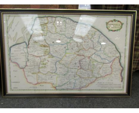 A Robert Morden coloured print map of Norfolk, framed and glazed, 38cm x 58cm