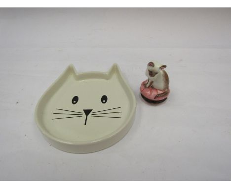 A Mason Cash ceramic cat design dish together with an enamel pill box with Siamese kitten design 