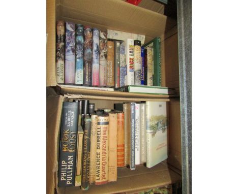 Two boxes of modern first editions etc., literature novels, including Philip Pullman, Lawrence Durrell, F.Scott Fitzgerald, S