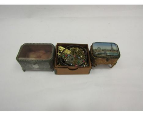 A small box of bijouterie including silver bangle, coin brooch and two jewellery caskets