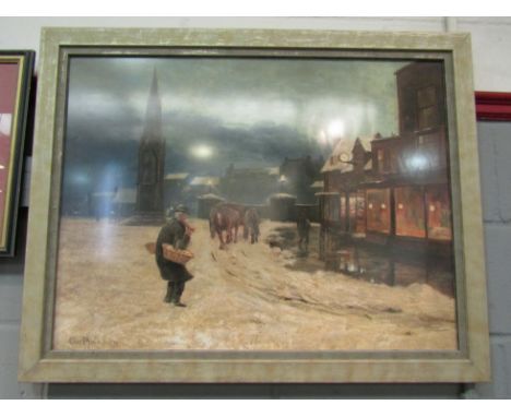 A print depicting a winter snow scene in Wisbeach of the Clakson memorial, framed and glazed, 58cm x 77cm approx