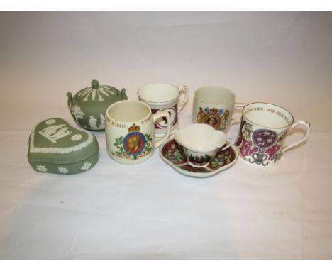 A small quantity of mainly Royal commemorative mugs and two Jasper ware trinket pots 