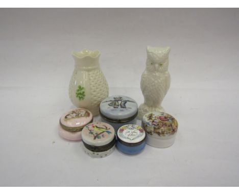 Two pieces of Belleek including owl figure and five ceramic trinket and pill boxes (7)
