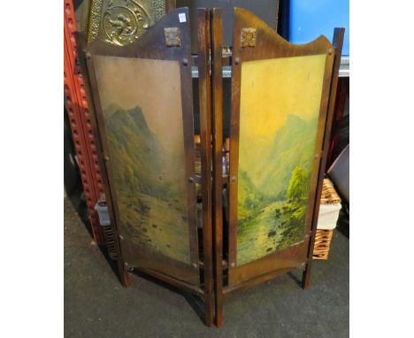 A brass slipper box with repoussé lid and a wooden folding fire screen