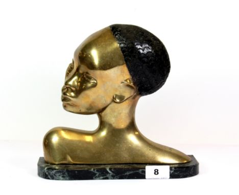 A mid 20th century bronze bust of an African woman on a green marble base, H. 25cms W, 27cms