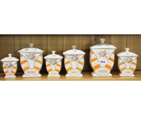 A set of six Art Deco French kitchen ceramic canisters, tallest 19cms.