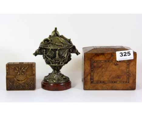 A gilt bronze Art Nouveau bowl and cover, with a folding pocket watch stand and inlaid money box, Bowl H. 14cms