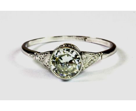 An Art Deco platinum solitaire diamond ring with an antique box, (approx. 1 ct diamond), (R.5).