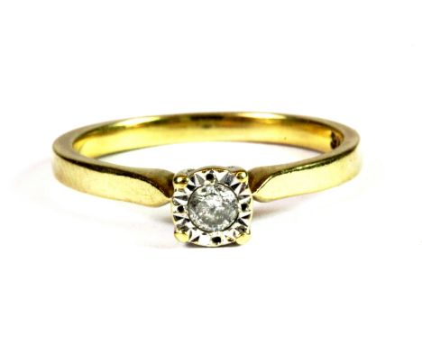 A 9ct yellow gold diamond solitaire ring, (K).