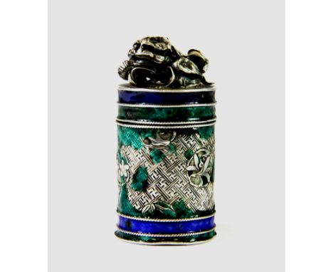 An early 20th century Chinese hallmarked silver and enamelled snuff box with screw thread cover and decorated with a Lion Dog