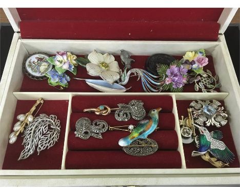 Box of vintage costume jewellery to include 9ct gold brooch silver and enamel brooch 