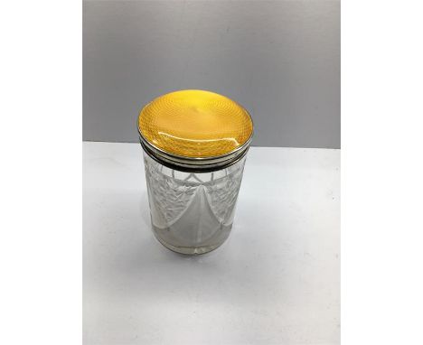 Large Silver & Enamel storage jar measures approx 5.2 ins tall by 3.5 ins dia enamel  wear to one edge cut glass stained  