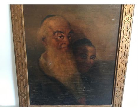 Chinese portrait painting oil on board, measures approx 24ins by 20ins depicts a bearded Chinese man and boy oil on board fra