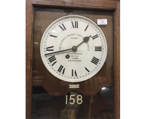 The Gledhill - Brook Time Recorders Limited, Clocking In clock in oak case, brass mounted, Huddesfield, with fusee movement. 