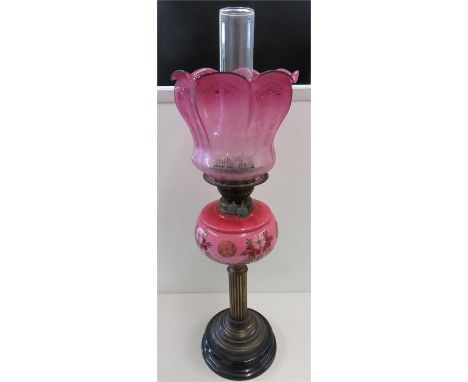 Victorian cranberry glass & etched glass cranberry shade oil lamp complete