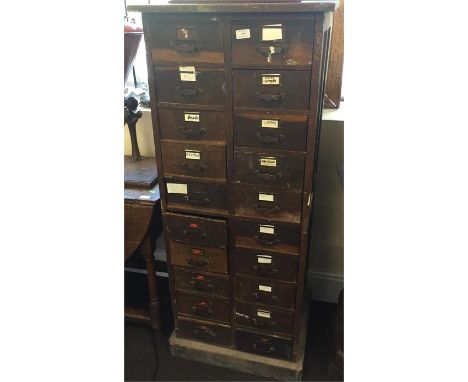 Oak vintage 20 drawer Index cabinet, approx measurements: 52 inches tall, 20 inches width, depth 18 inches.