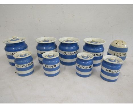 T&amp;G Green Cornish ware storage jars 4 large, 1 flour sifter and 4 small&nbsp;